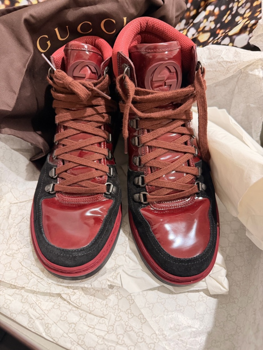 Gucci Men’s Burgundy and Black High-Top Sneakers